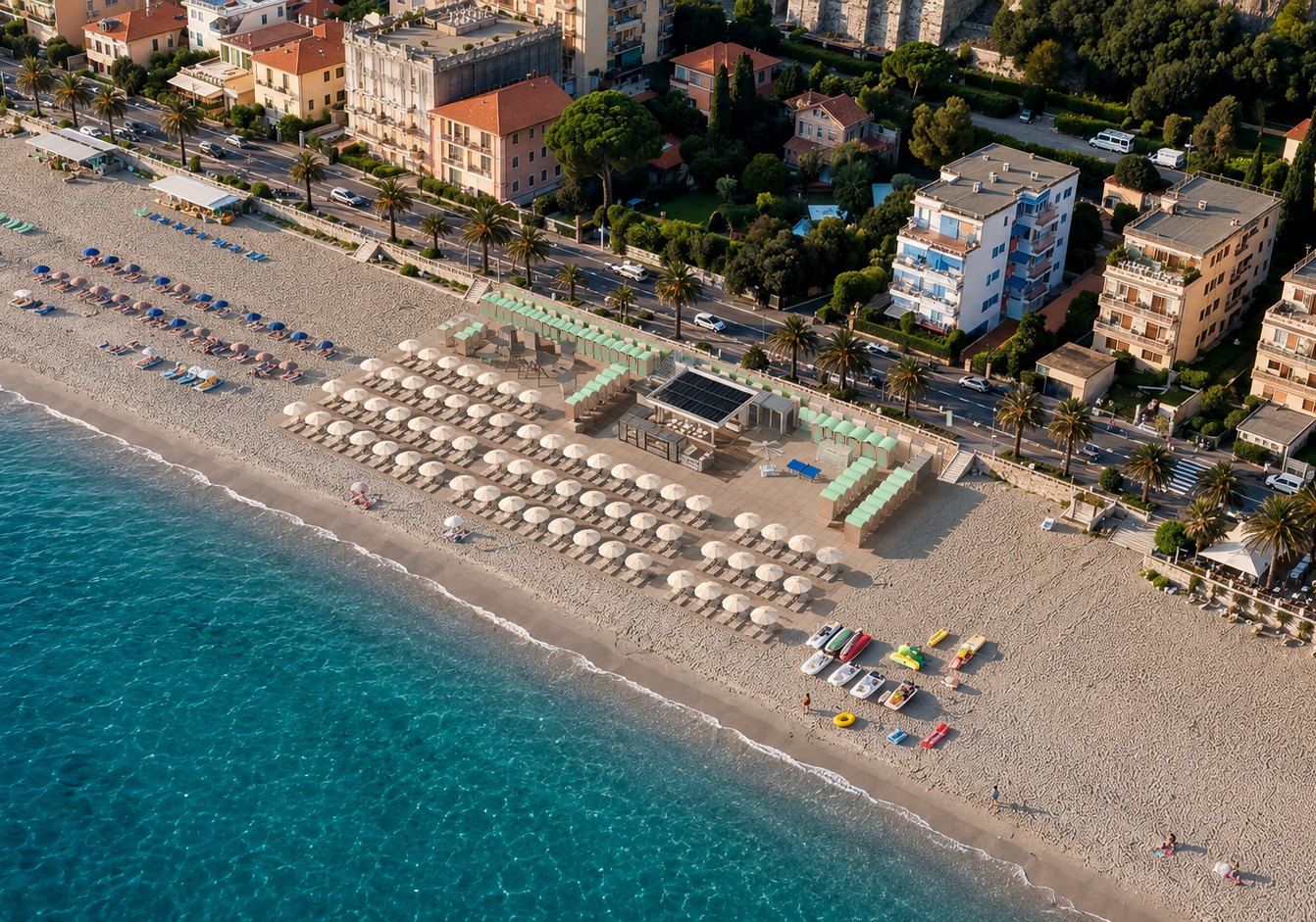 Fotoinserimento aereo di uno stabilimento balneare: file ordinate di ombrelloni, cabine e solarium sul lungomare — render ReLiving