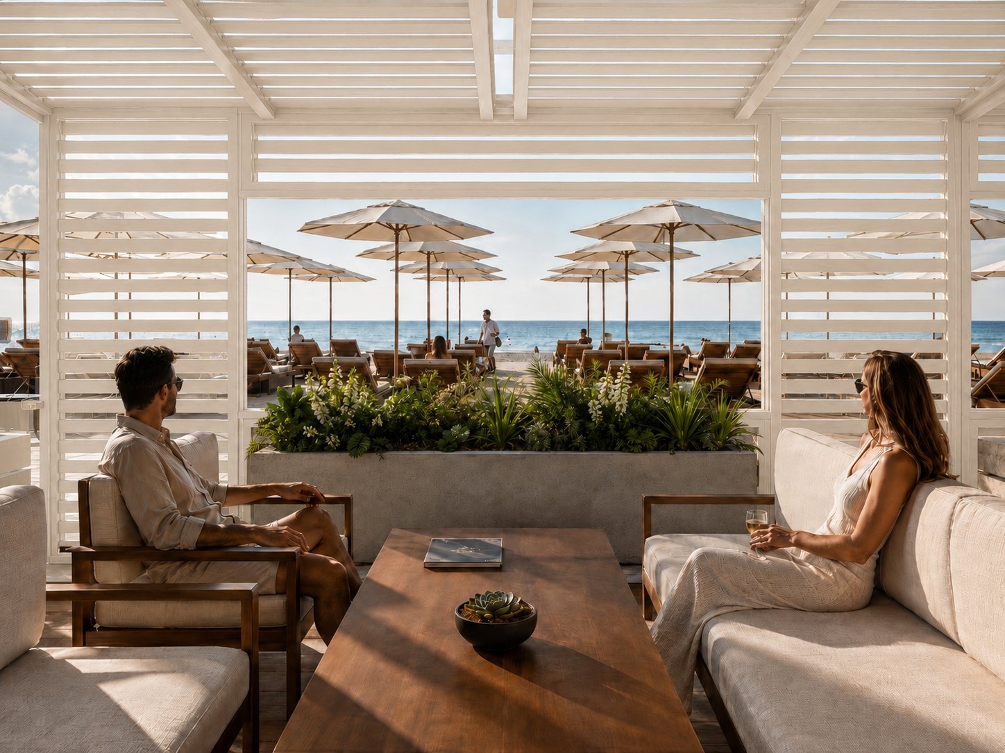 Dehor di uno stabilimento balneare: salotto in ombra sotto la pergola, affaccio diretto sul mare e sugli ombrelloni — render ReLiving