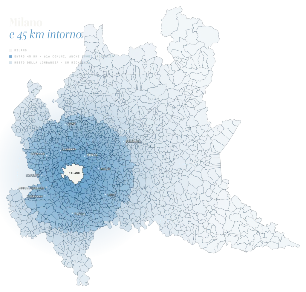 Mappa della Lombardia con Milano e tutti i comuni entro 45 km in evidenza: le zone servite dai tecnici ReLiving